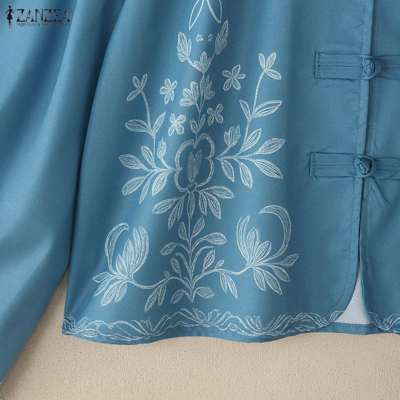 ZANZEA Women Casual Stand Collar Loose Long Sleeve Print Blouse