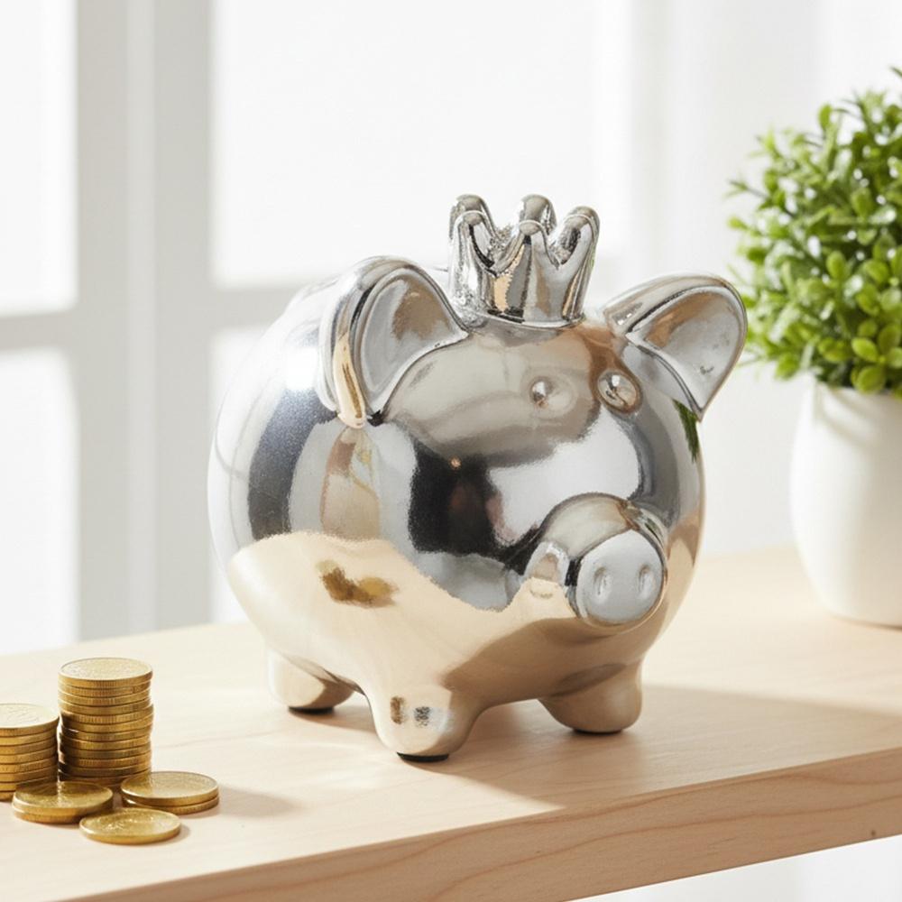 Ceramic Piggy Bank, Mirror Silver, 9.5X7X8.5 Cm