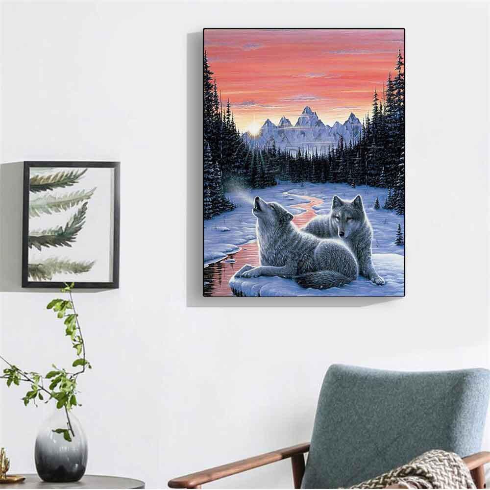 Diamentowe malowanie wilka zimowy śnieg zwierzęcy haft diamentowy pełna kwadratowa mozaika