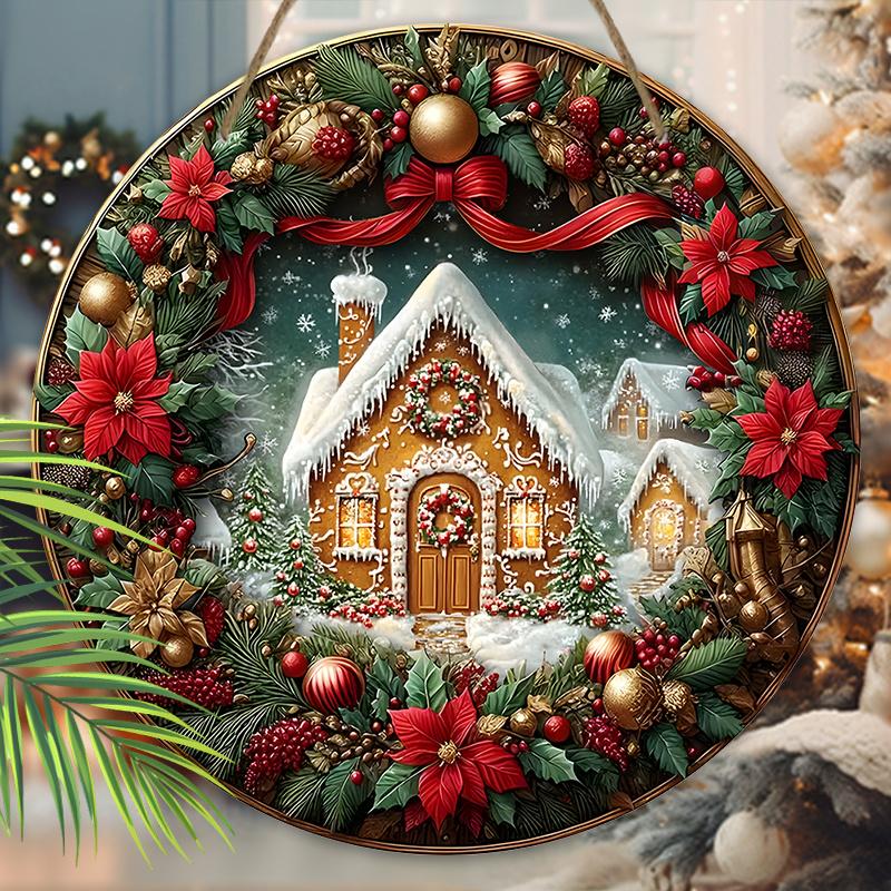 Wooden Christmas Sign with Gingerbread House Pattern - Classic Navidad Round Sign for Front Door Wall Hanging Decor - Ideal Christmas Ornament