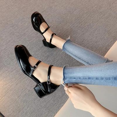 Vasarinės Naujos Mary Jane Kvadratinio Priekio Sandalai Madinga Sagtis Retro Baotou Vidutinio Aukščio Kulnas Maži Odiniai Batai