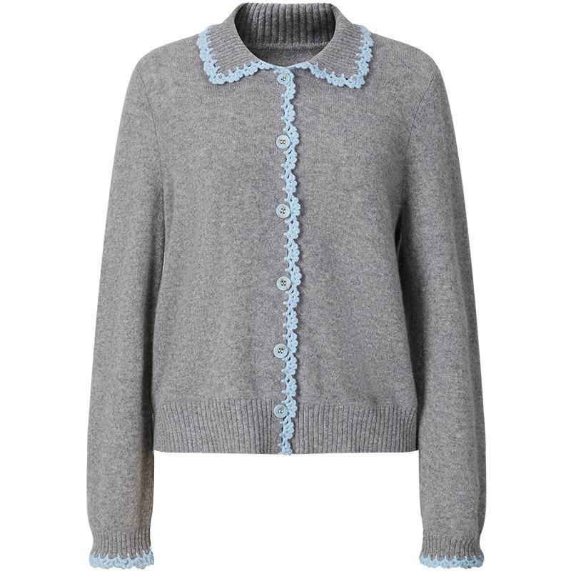 Women s Retro Colorblock Lapel Merino Wool Blend Knit Cardigan L