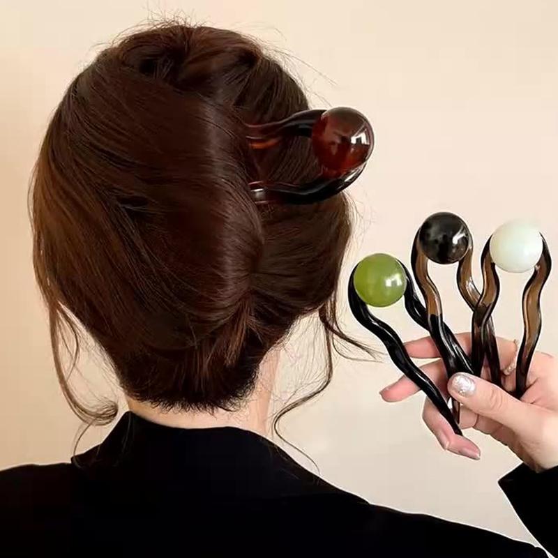 Chinesischer Stil Runde Perle U-förmige Haarnadel Retro Wellenförmige Haarstäbchen für Frauen Acryl Kopf Gewickelte Haare Haarnadel Zubehör