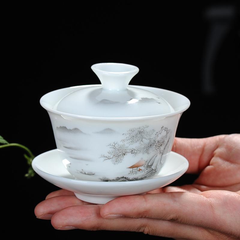 

High white porcelain cover bowl teacup, large Sancai cover ceramic tea bowl, Jingdezhen hand-painted blue and white porcelain tea bowl