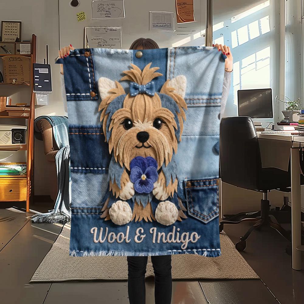 

1Pc Jeans Puppy Print Flannel Blanket High Quality Warm Comfortable Cover for All Seasons Perfect for Gifts Home Decor 80cm x 120cm