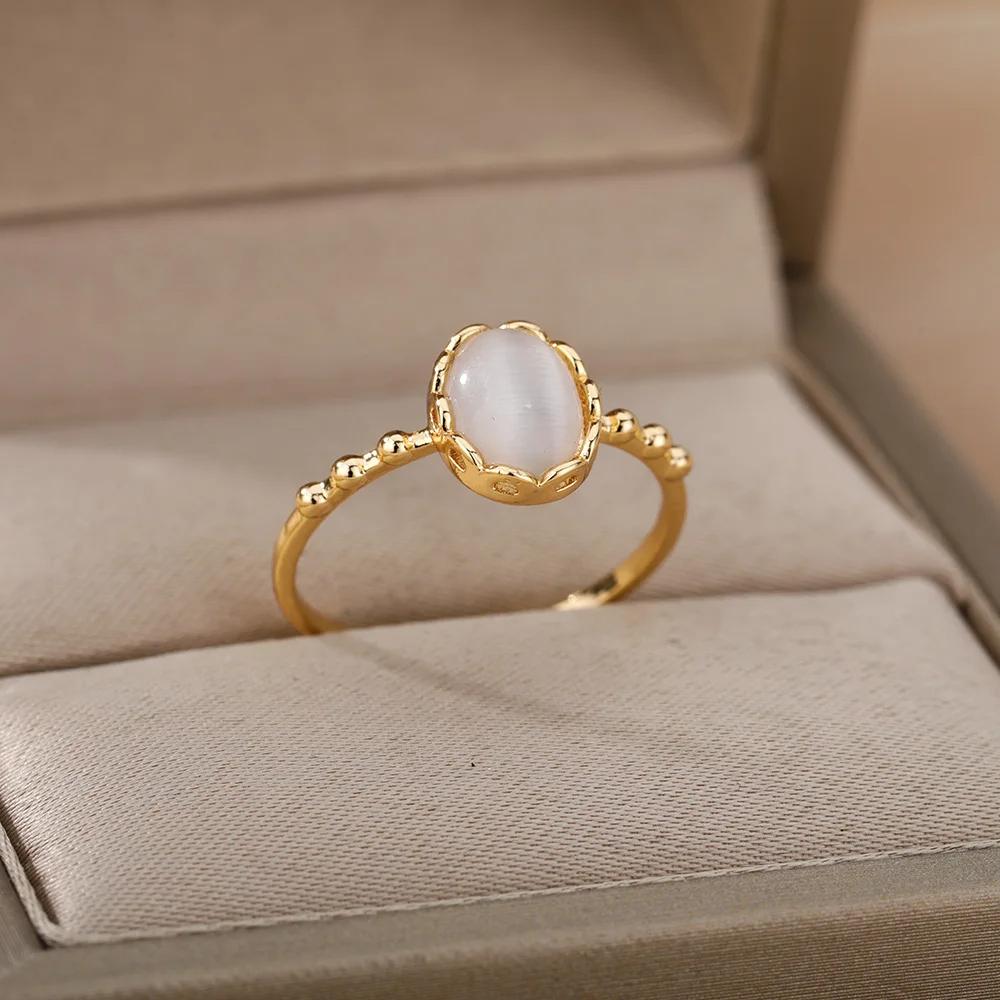 Anéis da Moda de Opala Branca para Mulheres Cor Ouro Aço Inoxidável Anel de Opala Joias de Casamento Noivado Presente de Aniversário