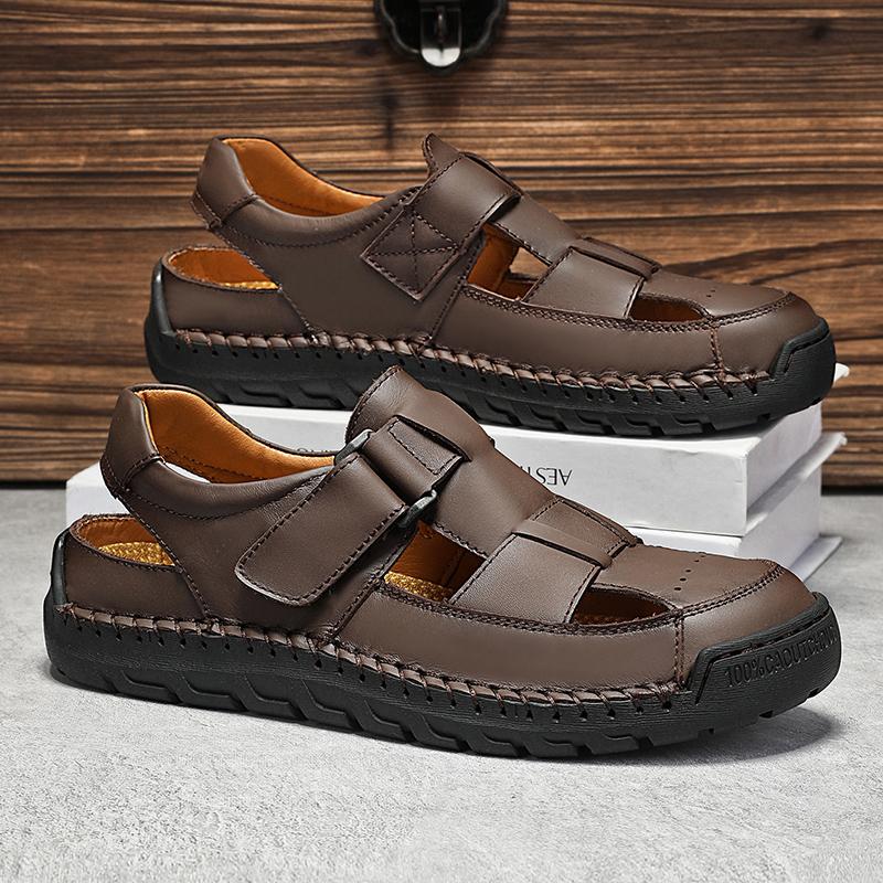 Letní pánské kožené plážové sandály Čistě ručně vyráběné Pánské sandály s uzavřenou špičkou