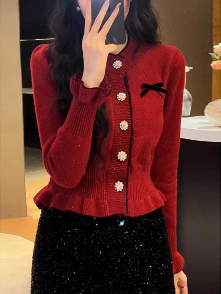 Dámský úzký pletený kardigan s mašlí – francouzský a korejský styl, podzimní/zimní design
