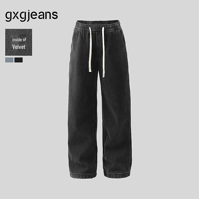 GXGJEANS Men s Fleece-Lined Washed Loose Straight-Leg Jeans XL (32 waist)