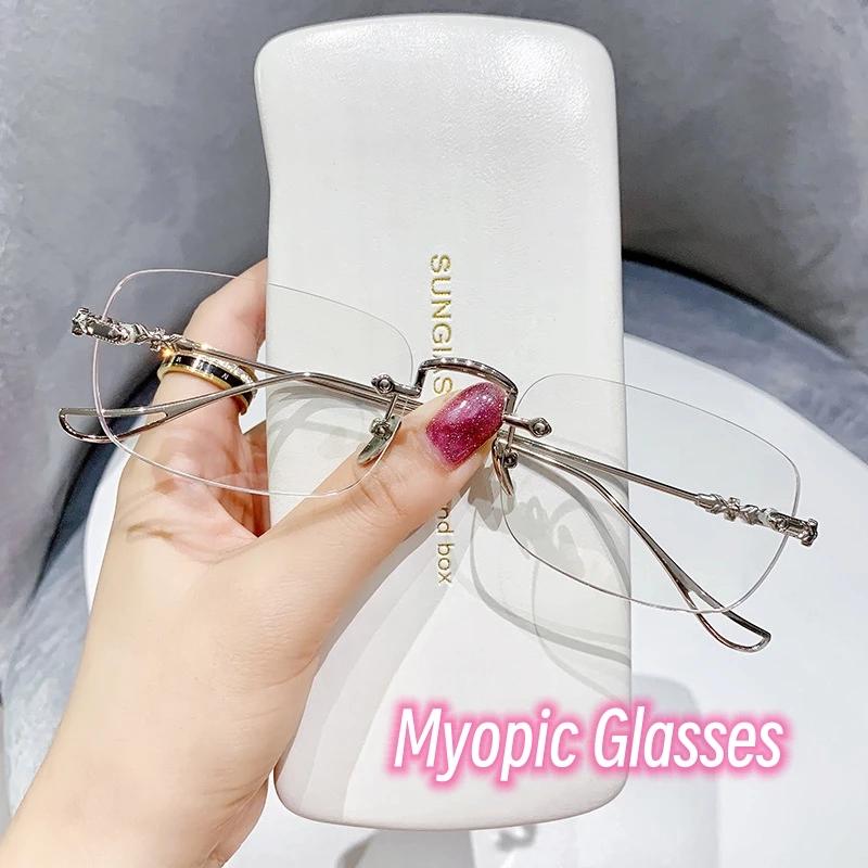 Ladies Square Near Sight Glasses Fashion Men Women Rimless Anti Blue Light Myopia Eyeglasses Finished Optical Eyewear Diopter