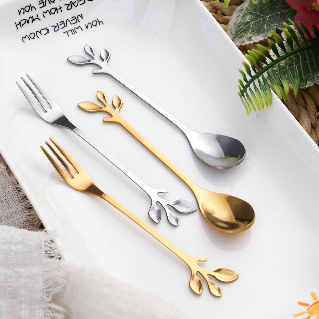 Set di Cucchiaio e Forchetta a Foglia in Acciaio Inossidabile - Miele, Mescolino, Cucchiaino da Caffè - Sacchetto Regalo per Matrimoni
