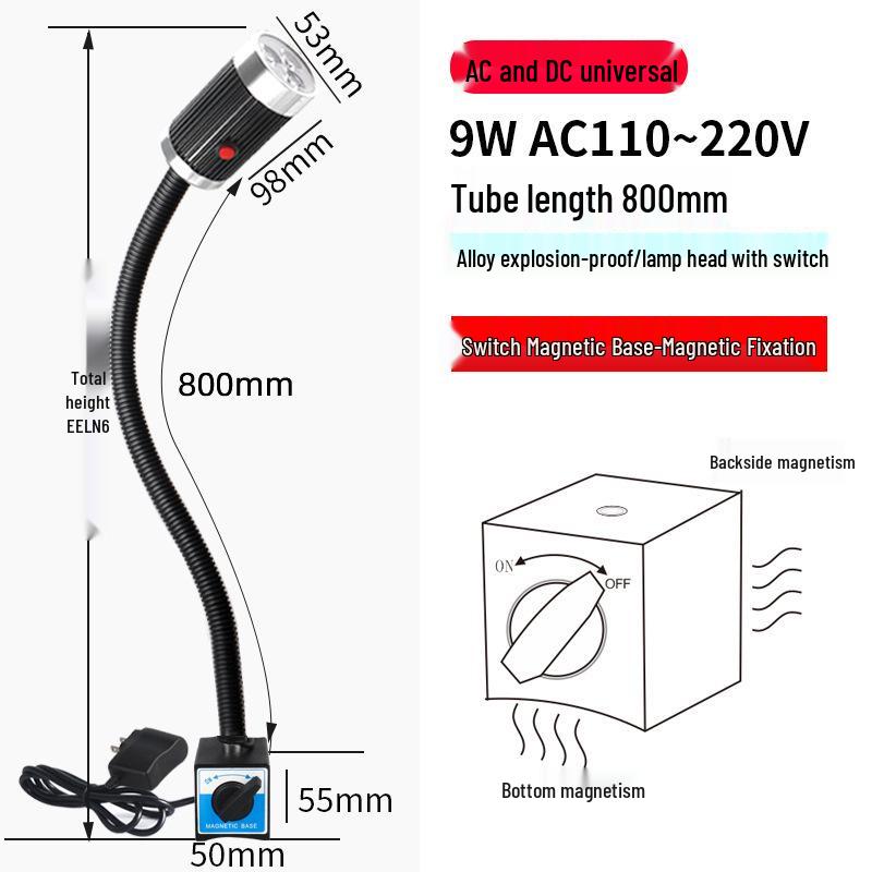 Nine Machine Tool Gooseneck Magnetic Work Light - 3W/6W/9W, 24V/220V, Strong Magnetic Base, Long Arm