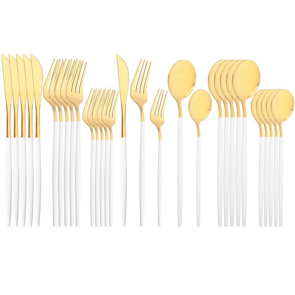 Mirror Dinnerware Set Stainless Steel 30Pcs Black Gold Tableware Knife Fork Spoon Dinner Set Cutlery Spoon Dessert Flatware Set