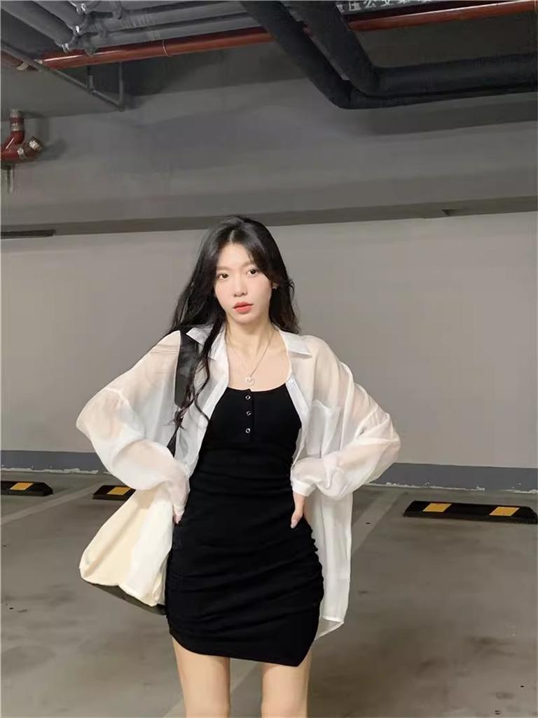 Fashion Sweet and Spicy Pink Sexy Suspender Dress Women's Summer Chiffon Sunscreen Cardigan Jacket Top Two-piece Set