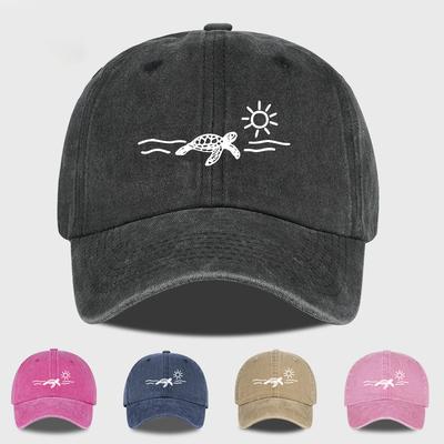 Vintage Washed Baseball Cap with Turtle, Sun, and Wave Print  Unisex Cap Perfect for Beach Vacations, Camping, and Fishing