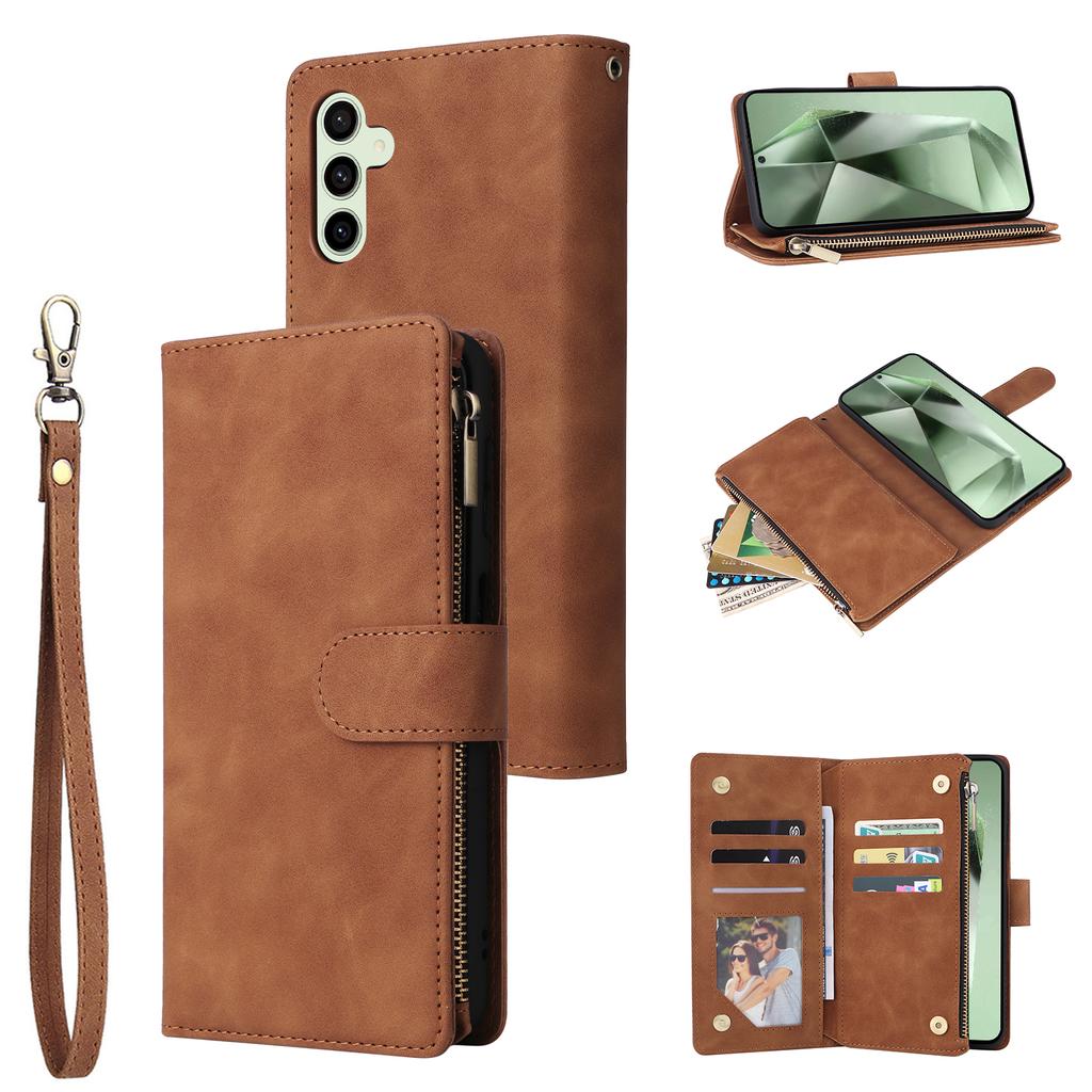 For Samsung Galaxy S25 FE Case Zipper Wallet Multiple Card Slots Leather Phone Cover with Wrist Strap