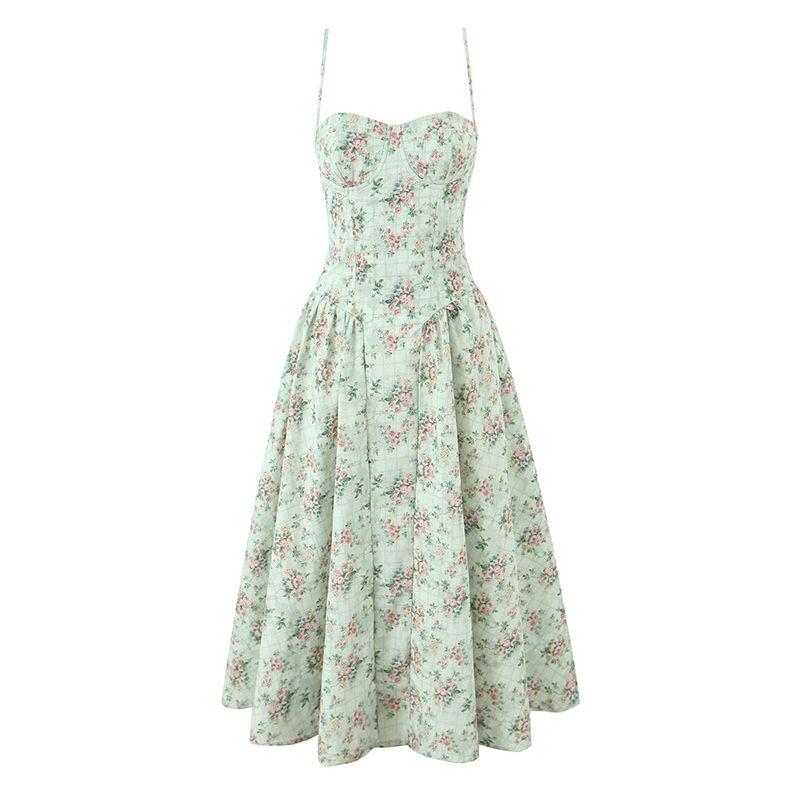 

Flower Jin Li Fog House Same Style French Style Vacation Gentle Floral Square Collar Waist-Tight Mid Length Long Length Sling Dress Green bottom flowers (with steel ring) L