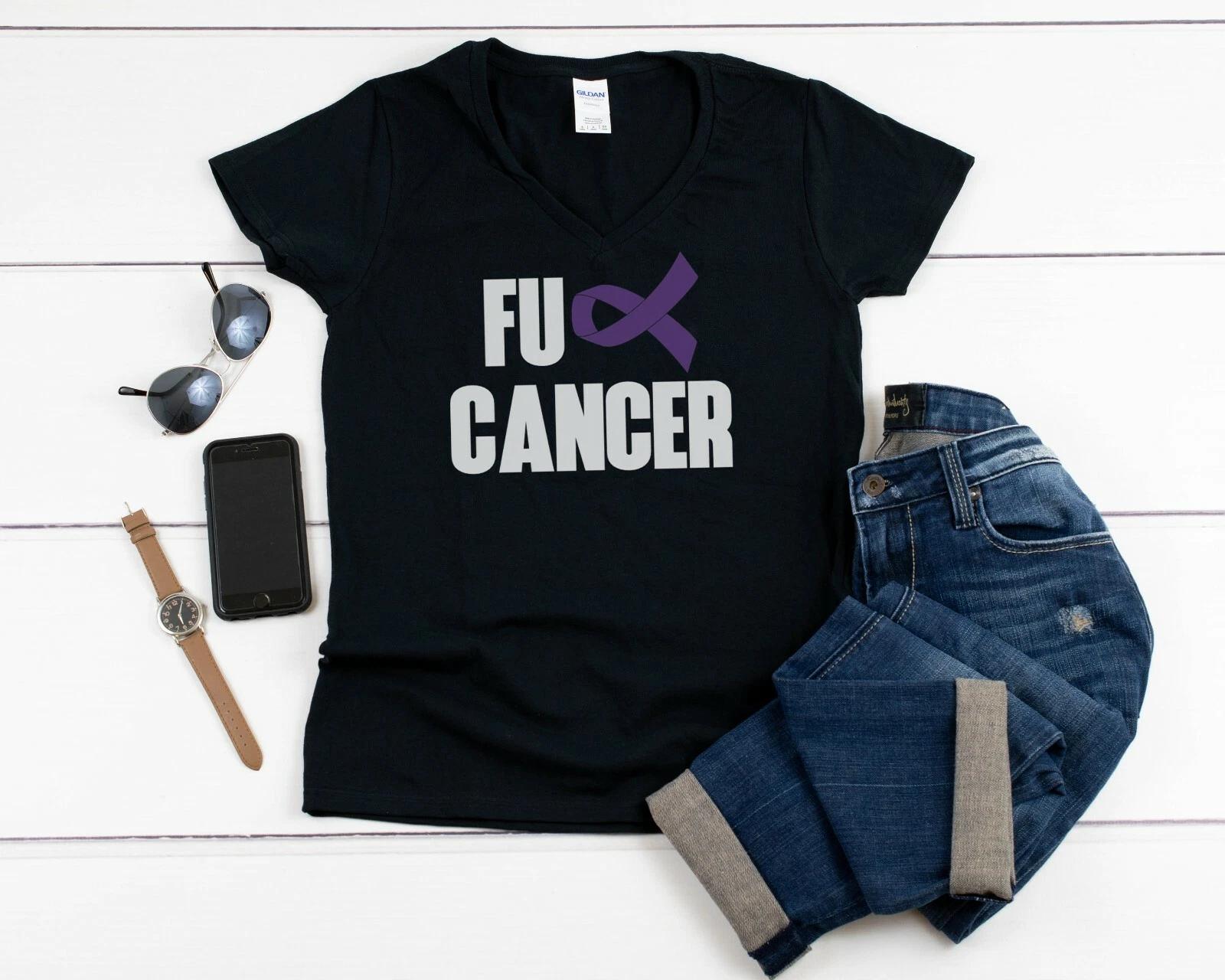 Womens V-neck FU Cancer Shirt Pancreatic Cancer Awareness Survivor Tee Support 2XL