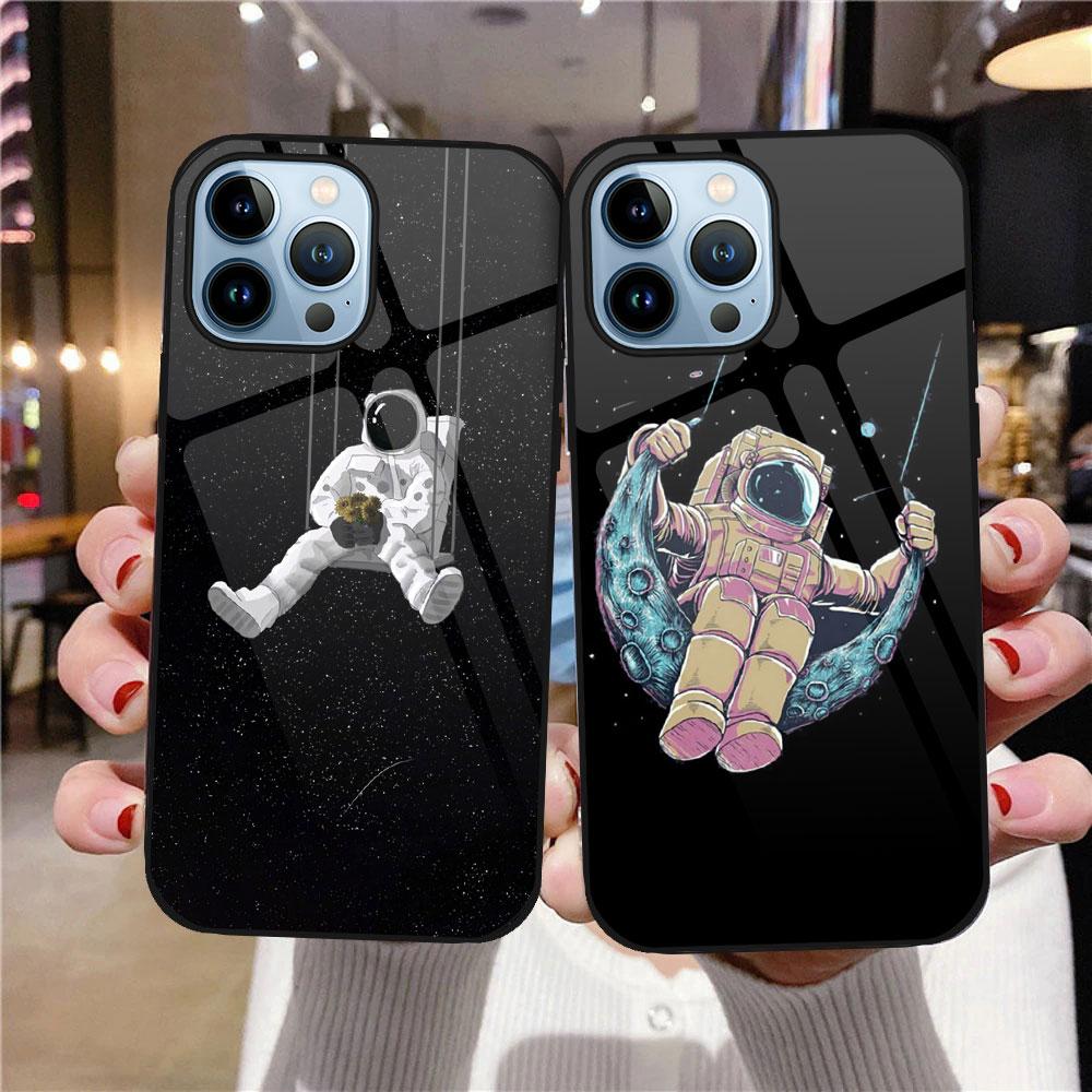 Cartoon Cute Astronaut Case For Iphone 14 13 12 11 Pro Max Mini Xs Xr X 7 8 6s Plus Se 2022 Glass Cover Protection Shell Fundas