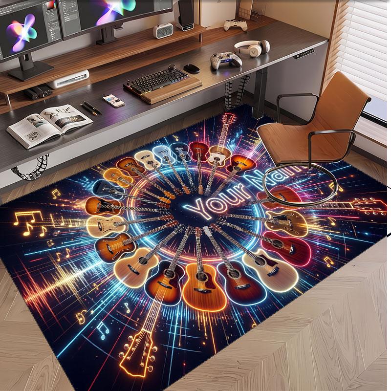 Music Guitar Theme Soft Crystal Velvet Rug Custom Name & Text Print Non Slip Floor Rug for Bedroom Living Room