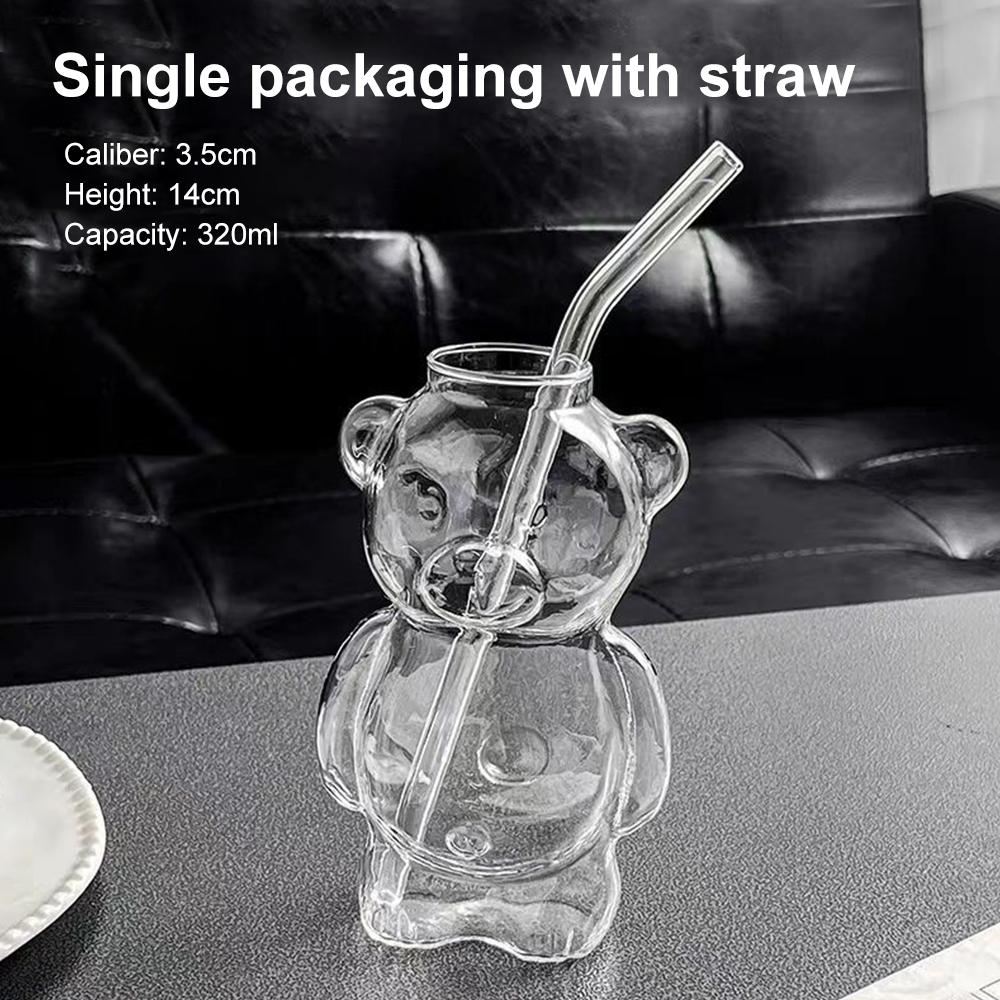 320ML Creative Cute Bear Coffee Mug with Straw Transparent Cup Beer Milk Coffee Water Cups Wholesale Glass Drinkware Mug Set
