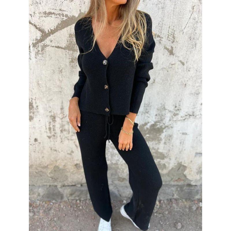 

2026 Amazon Cross-Border New Sweater Set European and American Style Long-Sleeve Button-Up V-Neck Knit Cardigan with Drawstring Pants Apricot color S