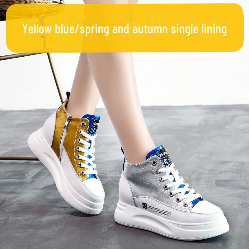 

Женские белые высокие кроссовки 2025 года: Модная платформа весна/осень, натуральная кожа, подходящая по цвету, дизайн, визуально увеличивающий рост 39 (Height 6cm)