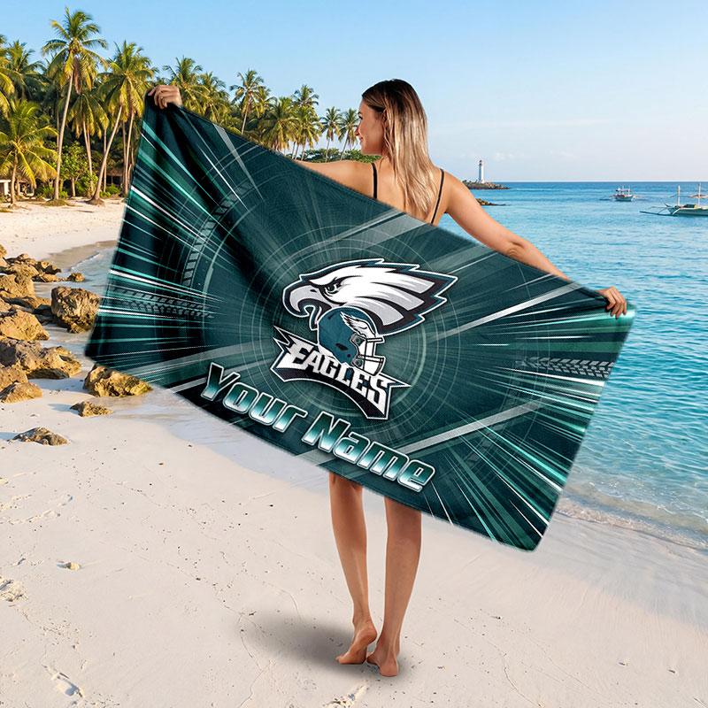 Philadelphia Eagles Customized Name Text Beach Towel, Soft Absorbent Towel Beach Pool Travel Personal Gift