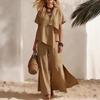 Women's Beige Short Sleeve Top and Wide Leg Pants Two Piece Set with Asymmetrical Pleat Detail