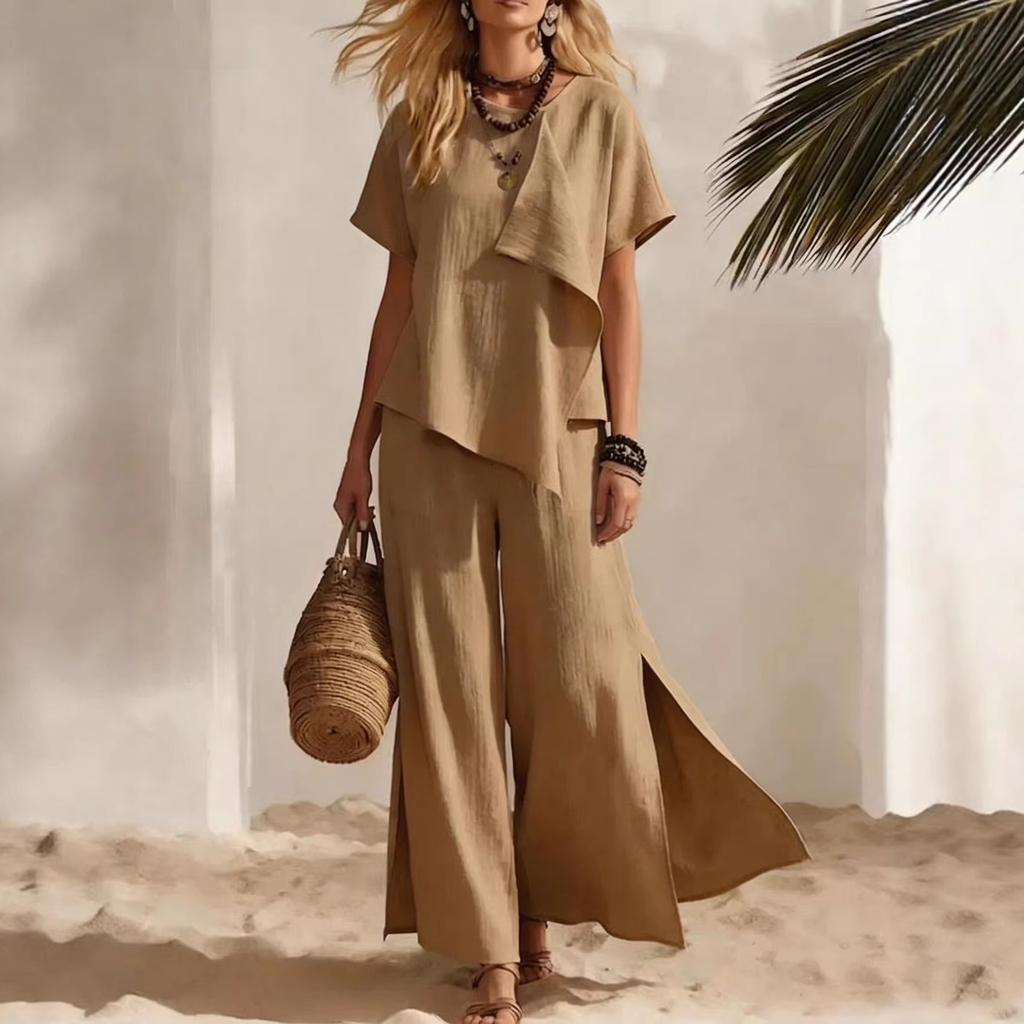 Women's Beige Short Sleeve Top and Wide Leg Pants Two Piece Set with Asymmetrical Pleat Detail