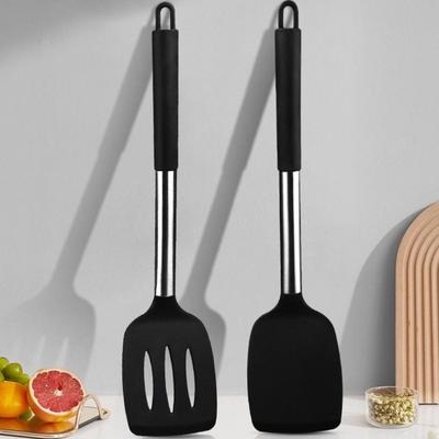 2pcs Food Grade Silicone Stir Fry Spatula Set Heat Resistant Stainless Steel Handle Fish Spatula with Hanging Hole Not Deform