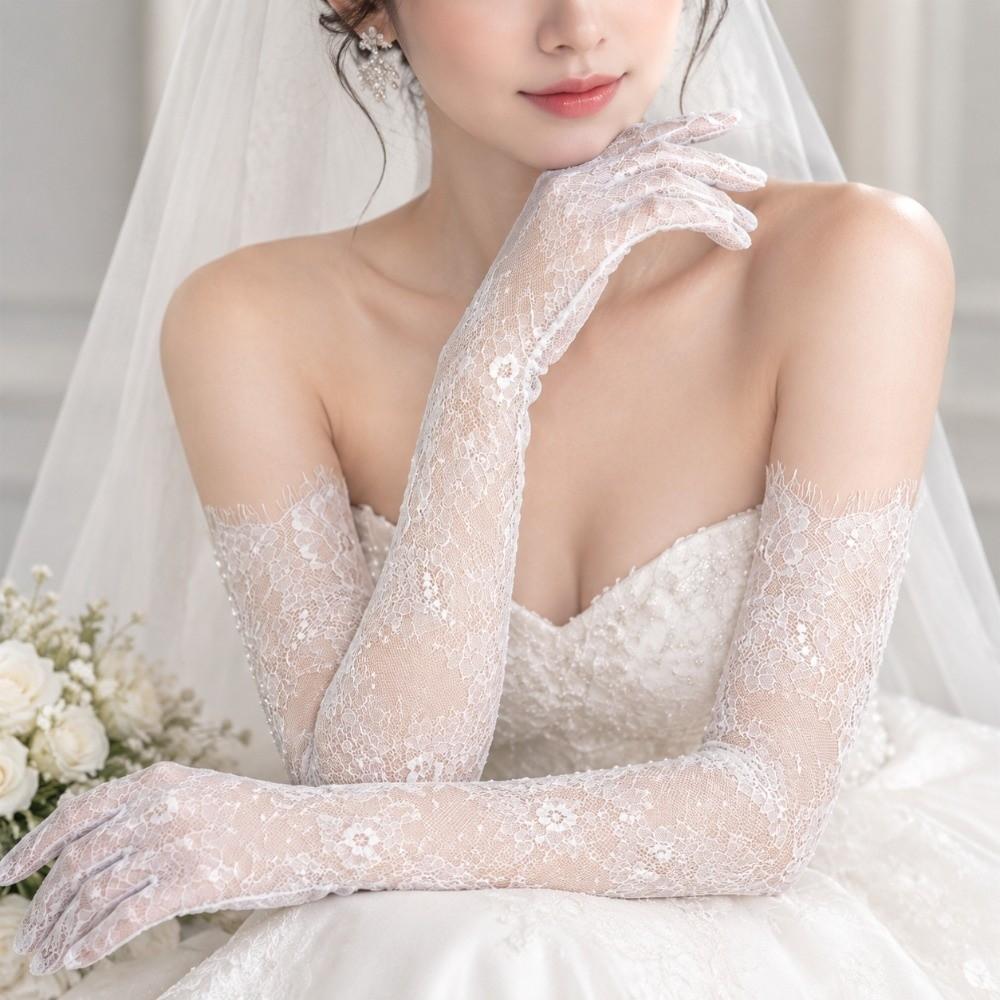 Elbow Length Sheer Lace Bridal Gloves Long Prom Glove Tulle Gloves  Bride Dinner Party Evening
