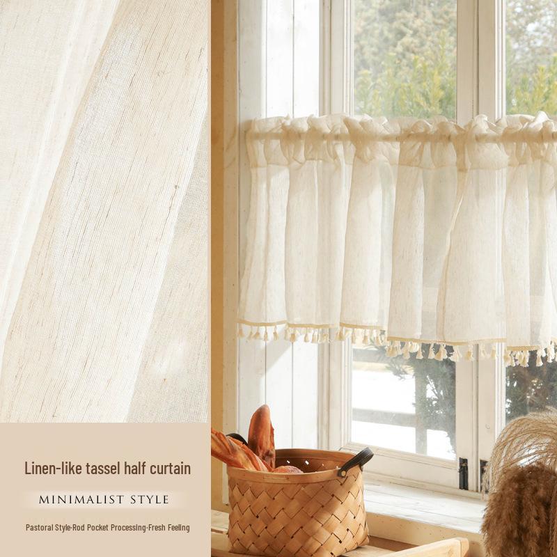 Perdea Voal Dantelă Franceză cu Velcro - Perdea Scurtă cu Textură de In pentru Bucătărie sau Ușă.