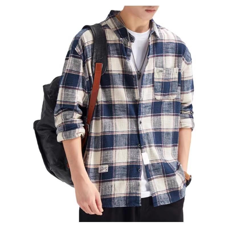 Men’s Japanese-style Retro High-street Checked Shirt: Long-sleeved, Collared, Loose-fit Jacket