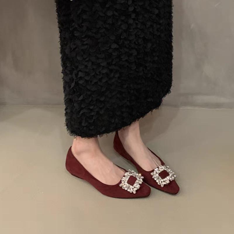 Fashion Women's Flat Shoes Spring New Pointed Head Shallow Mouth Suede Crystal Buckle Soft Sole Non-slip Low-top Shoes