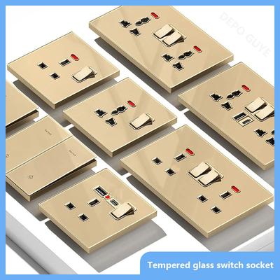 Deluxe Gold gehärtetes Glas Universelle Doppelsteckdose, UK 13A Wandsteckdose mit 20W Schnellladung, Haus Elektro Lichtschalter