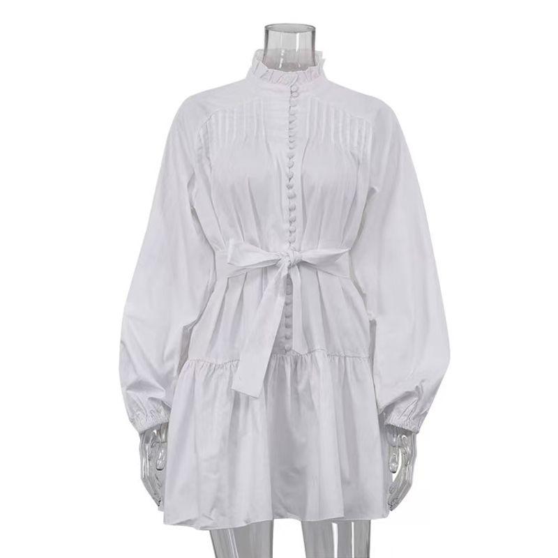 

New French style Long sleeve Lotus Leaf Collar Pleat Single-Breasted Bandage Dress Lotus Leaf Collar Dres White L