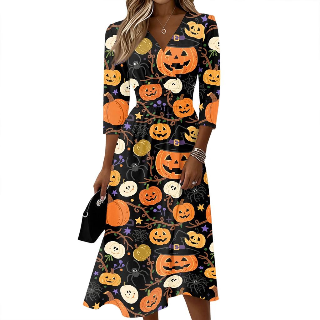Womens Casual V Neck Midi Dress 3/4 Sleeve Back Zipper Wrap Style Fit and Flare Dress with Ghost Print