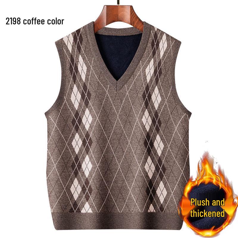 Dad's Fleece-Lined Sweater Vest: Warm Knitted Base Layer for Middle-aged and Elderly Men in Autumn and Winter.