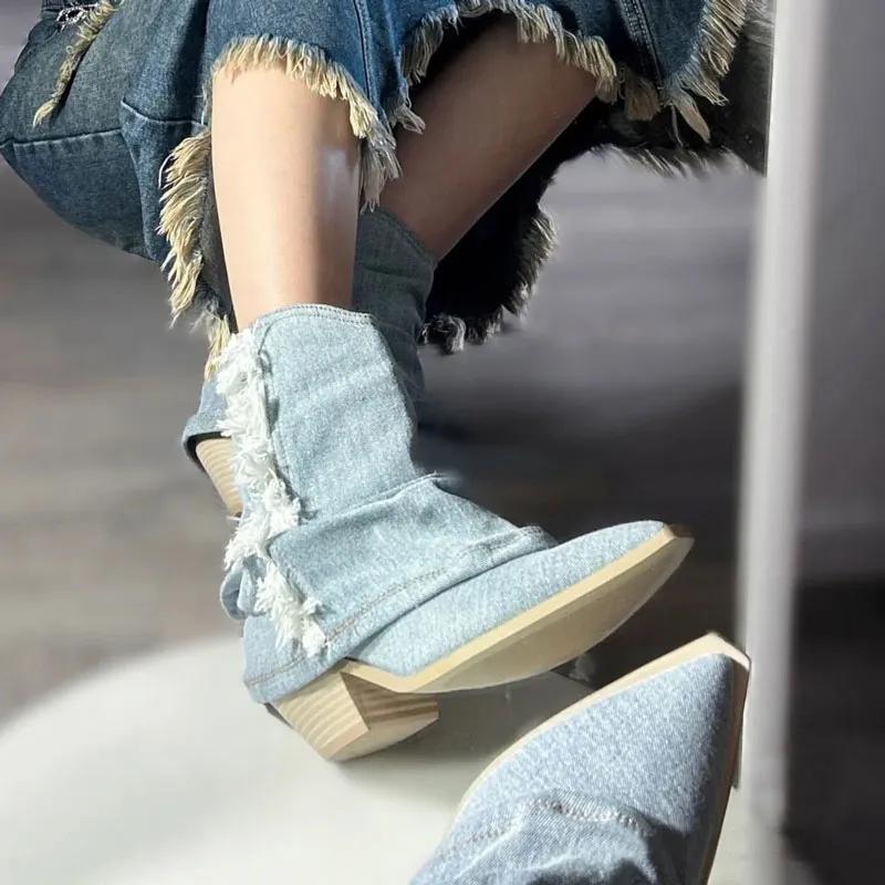Lucyever Pleated Cowgirl Boots for Women 2024 Pointed Toe Denim Mid Calf Boots Woman Fashion Thick Heels Western Botas Plus Size