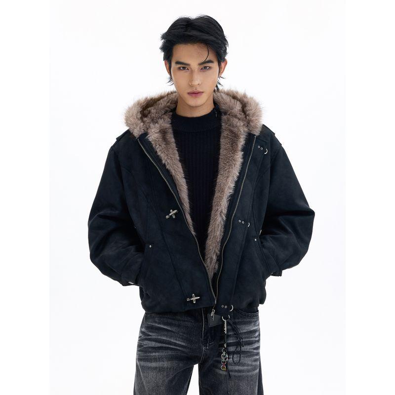 Kisko Winter High-End Style Mountain Carving Airplane Buckle Thick Leather Jacket Cotton Coat for Men and Women, Cool and Loose Hooded Jacket