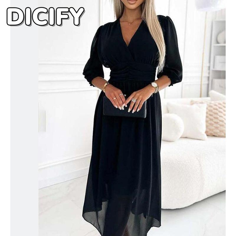 DICIFY Women's Fashion Autumn Winter Solid Color Print Long Sleeve V-Neck Casual Dresses