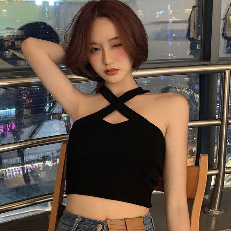 

Женская корейская однотонная бретелька с перекрестным вырезом, тонкая сексуальная бретелька с открытой лямкой и пупком