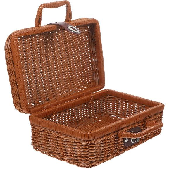 YARNOW Imitation Rattan Suitcase Rattan Picnic Wicker Picnic Basket Storage Basket with Lid Woven Basket with Lid Hand Decor Make Up Clothes