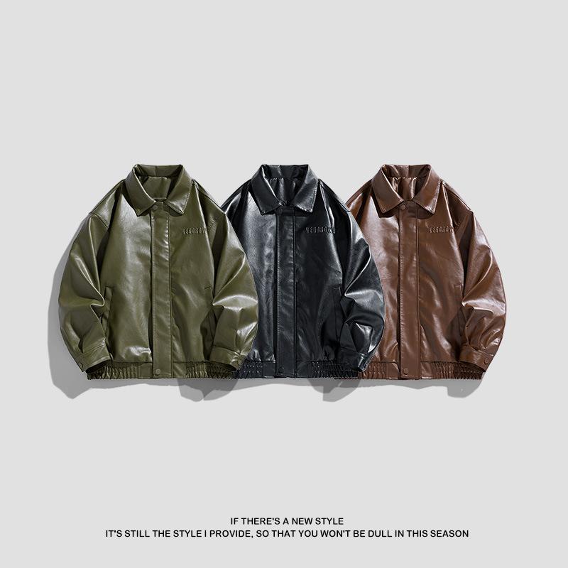 American PU Leather Jackets for Men, Spring and Autumn New Stand-up Collar Biker Jackets, Versatile Trendy Jackets, Jackets
