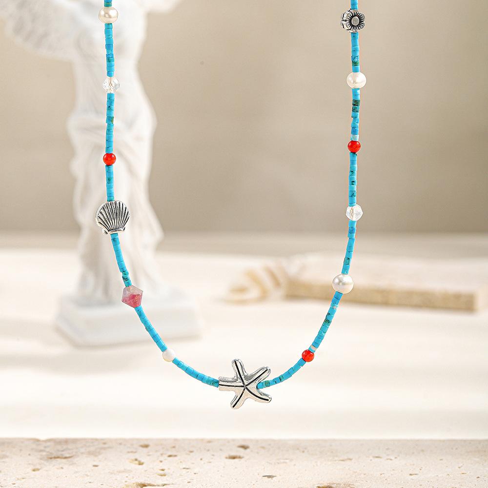 GEMCHIC Women's Summer Starfish Vacation Style Colorful Natural Stone Beaded Necklace with Natural Pearl