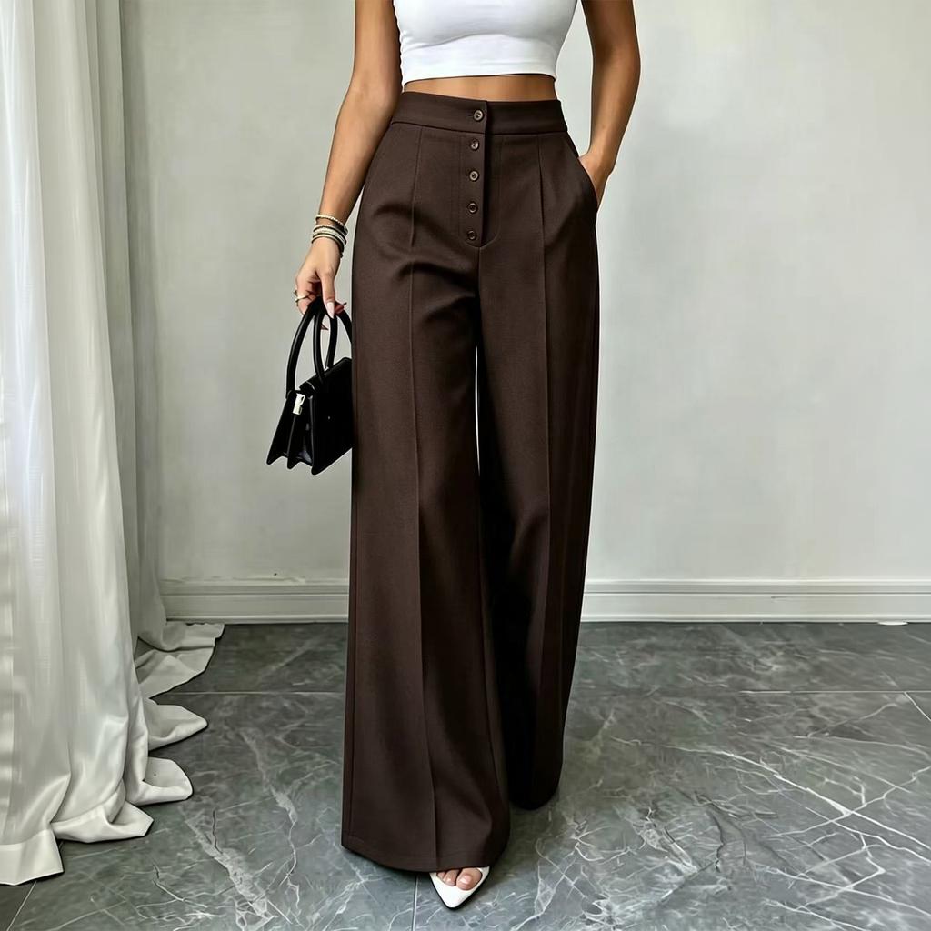 Women's High Wide Leg Pants with Button Pockets Color Casual Trousers for Commute
