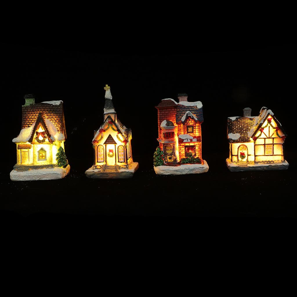 4Pcs Luminous Resin Small House Christmas Decor Colorful Desktop Ornaments Charming Xmas Party Decoration Adorn