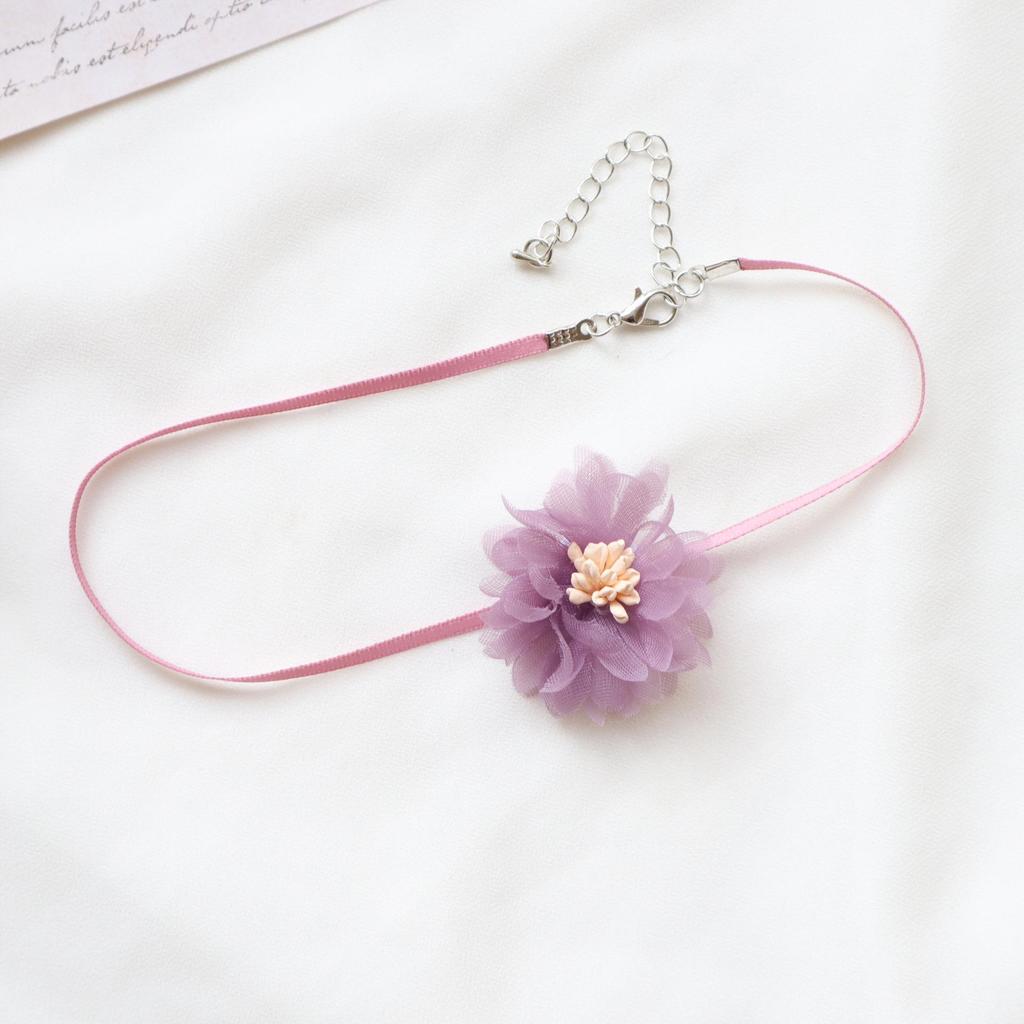 Purple Floral Ribbon Bow Pendant Necklace - Fairy Style Choker for Women