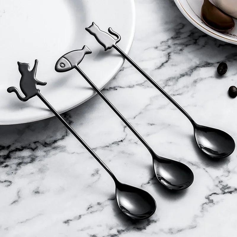 1 PC Fashion Stainless Steel Spoon Creative Cartoon Coffee Spoon Cute Cat Dessert Spoon Cartoon Fish Cake Gift